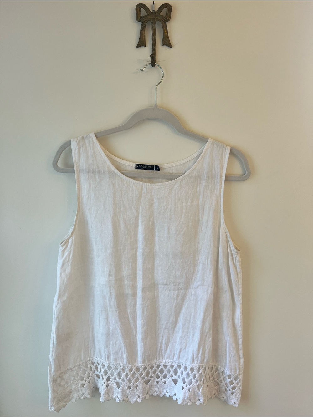 Lungo L’Arno Italian Linen Top Women’s S White Crochet Lace Hem Made in Italy